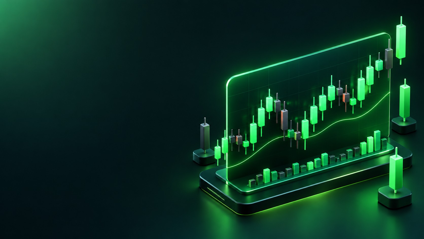 Large glowing forex candlestick chart with rising and falling candles
